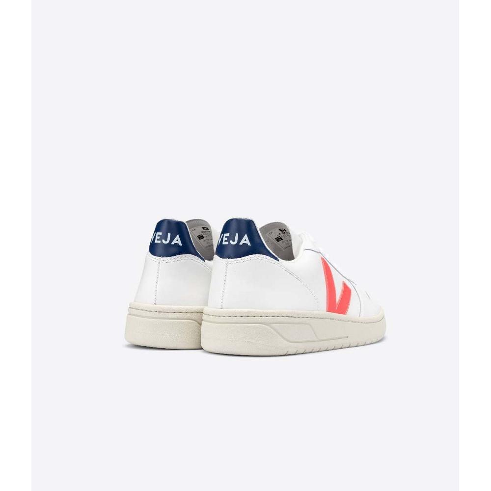 Women's Veja V-10 LEATHER Sneakers White/Orange/Blue | ZA 646JPQ